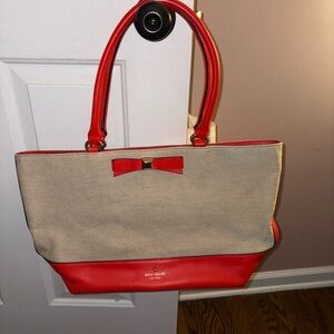 Kate Spade Red/Orange and Beige Canvas Leather Tote Bag